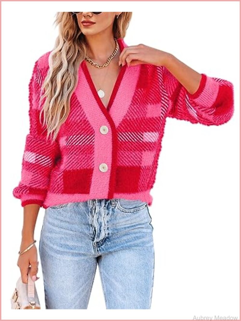 Plaid Fuzzy Knit V Neck Button Down Cardigan Long Sleeve